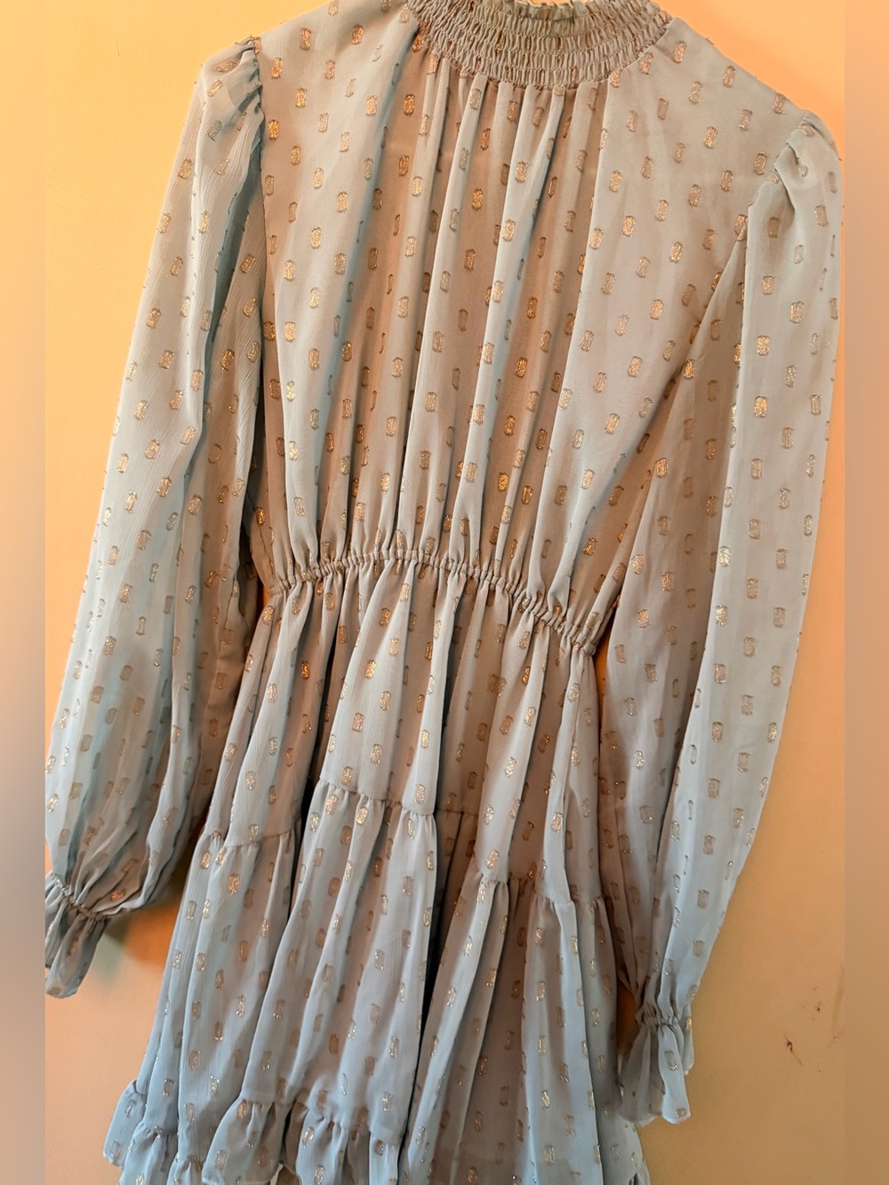 Girls Light Blue Long-Sleeve Tiered Dress with Gold Dot Accents